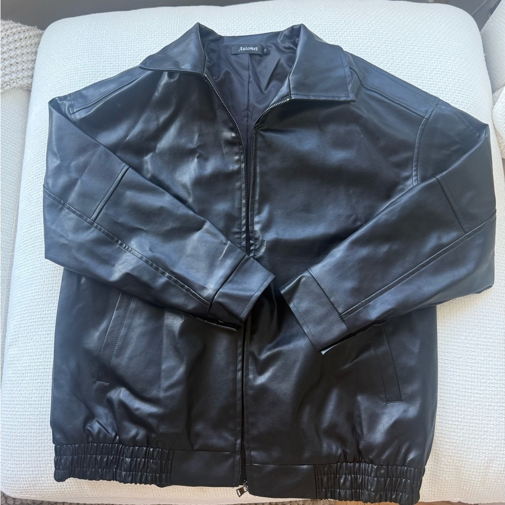 Black Faux Leather Bomber Zip Jacket